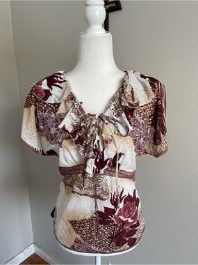 Magic Burgundy and Cream Floral Ruffle Lace-Up Blouse